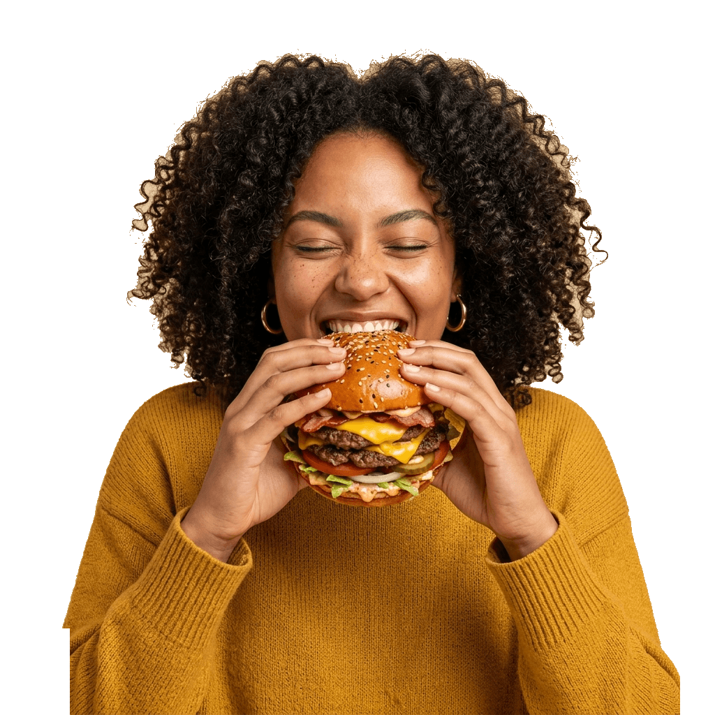 BUCKEEZ campaign - woman eating cheeseburger